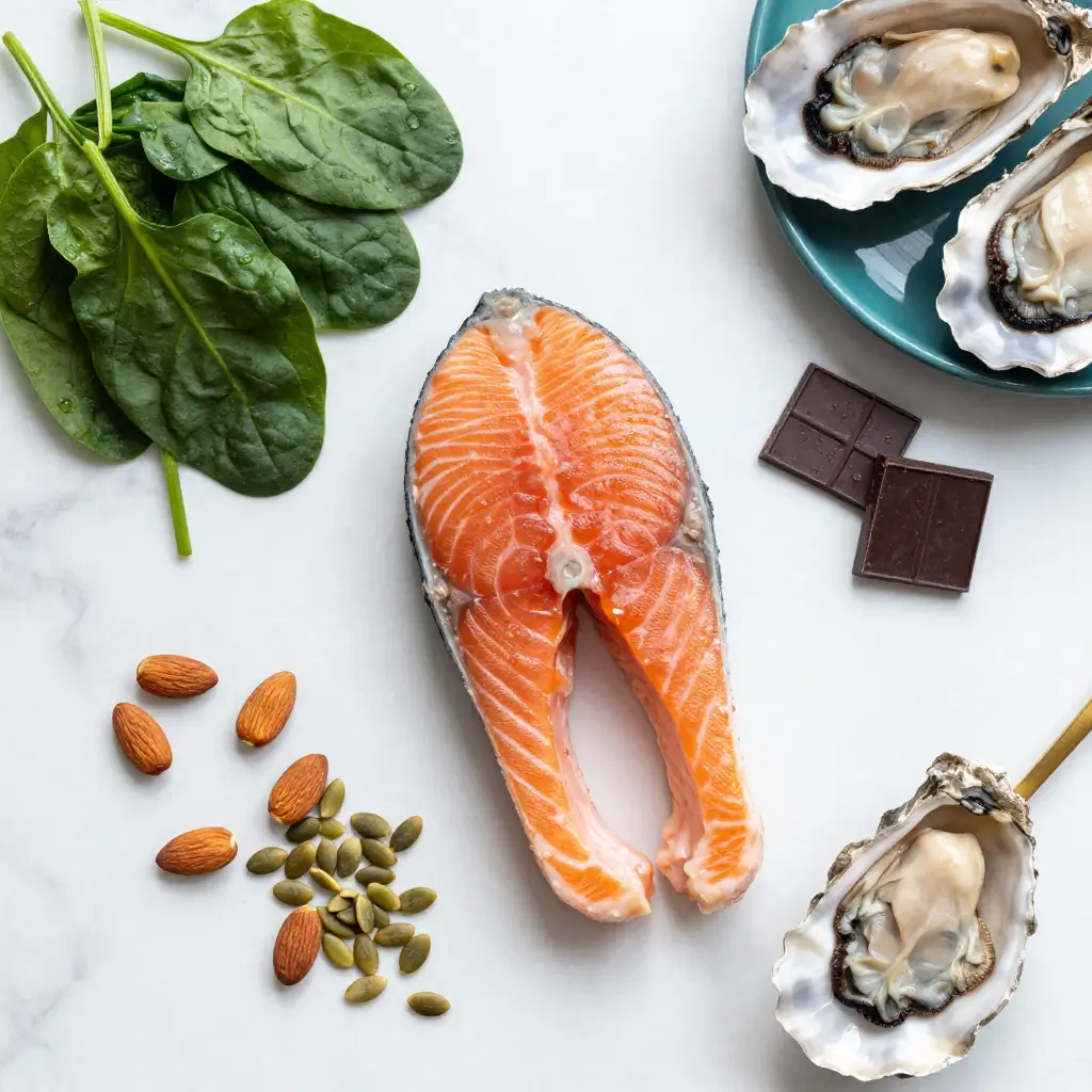 Flat-lay of tinnitus-fighting foods including salmon, spinach, almonds and eggs rich in vitamins and minerals for hearing health