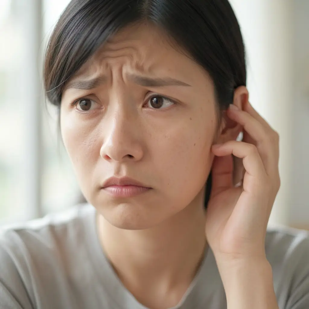 Woman experiencing ear ringing, exploring whether eggs and tinnitus are connected