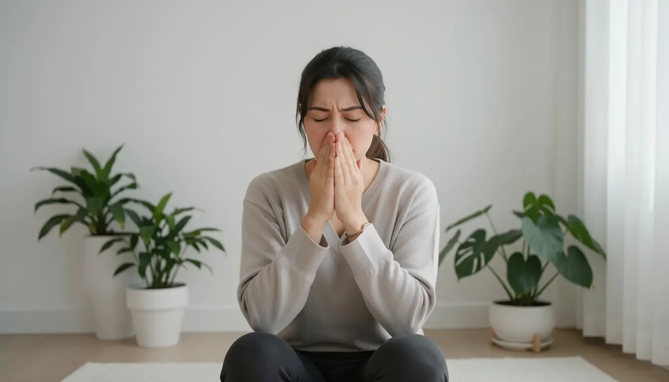 Woman practicing breathing exercises for tinnitus relief at home