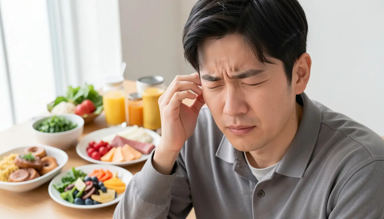 Gluten and tinnitus connection; person holding ear near healthy gluten-free foods