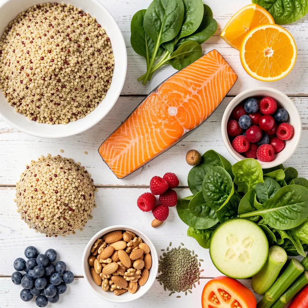 Naturally gluten-free foods including quinoa, salmon, leafy greens, and berries — a gluten-free diet for tinnitus should focus on whole nutrient-rich foods